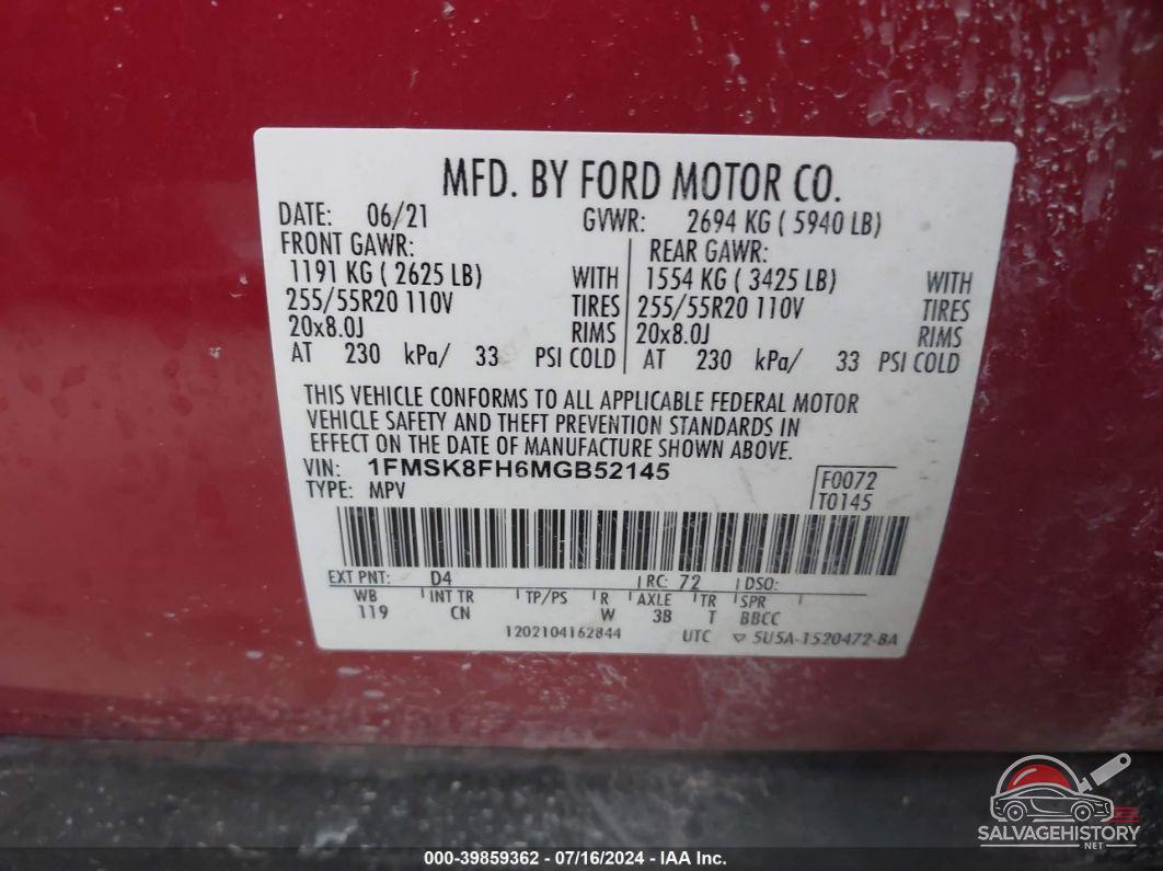 1FMSK8FH6MGB52145 2021 FORD EXPLORER photo no. 9