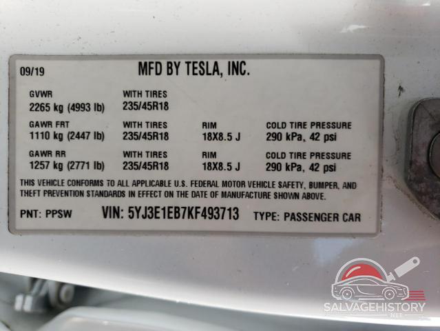 5YJ3E1EB7KF493713 2019 TESLA MODEL 3 photo no. 12