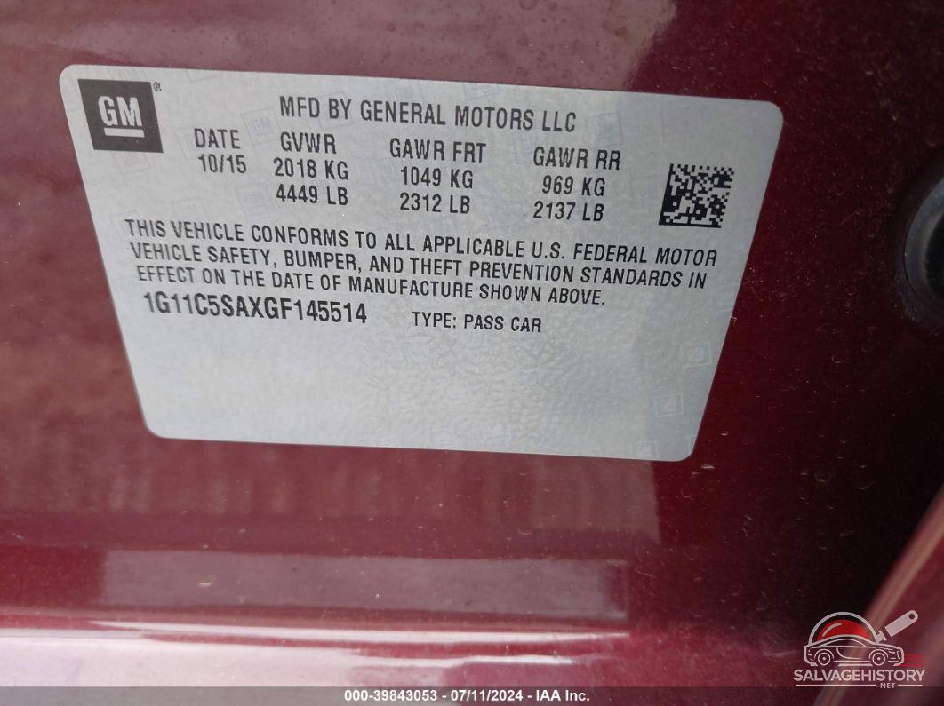 1G11C5SAXGF145514 2016 CHEVROLET MALIBU LIMITED photo no. 9