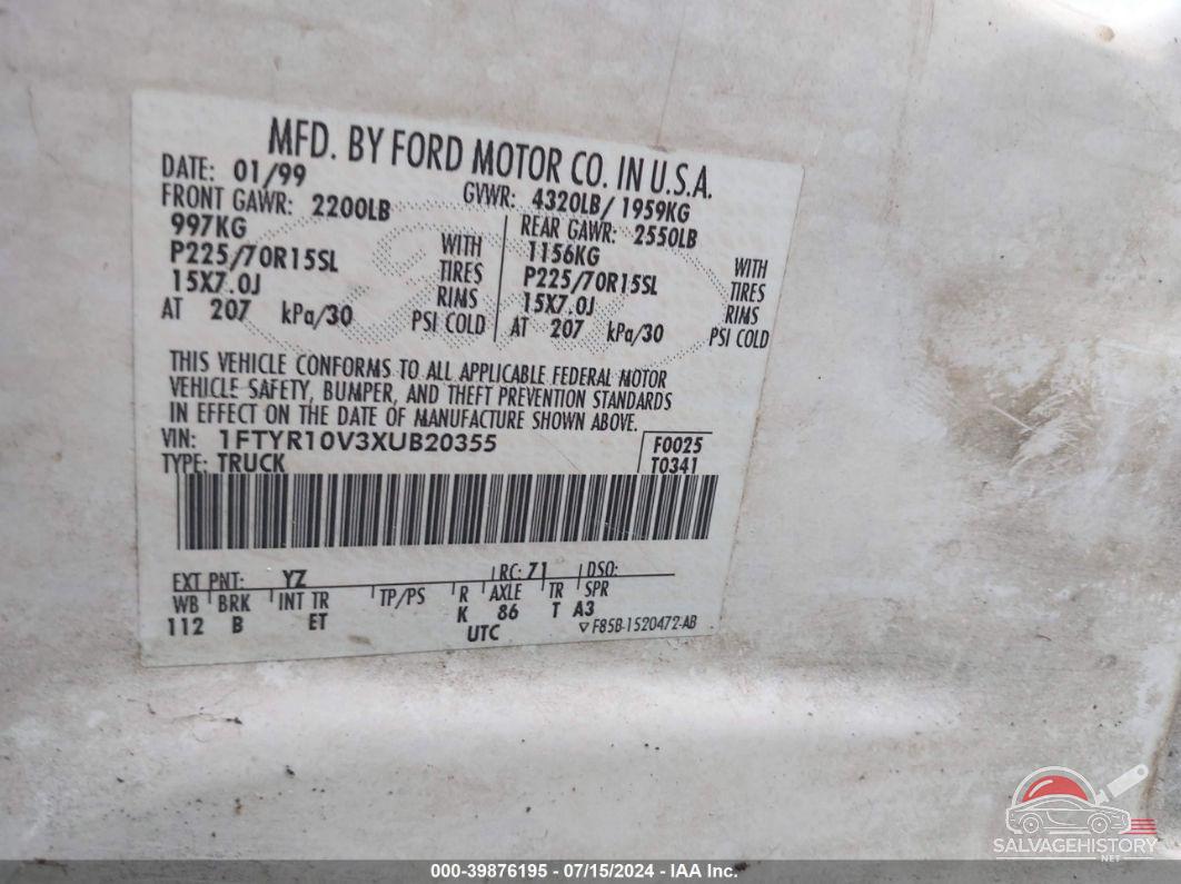 1FTYR10V3XUB20355 1999 FORD RANGER photo no. 9