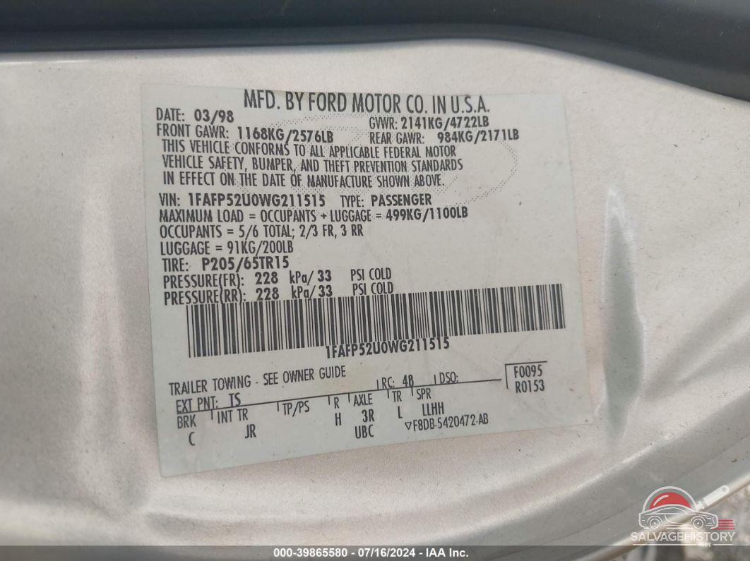 1FAFP52U0WG211515 1998 FORD TAURUS photo no. 9