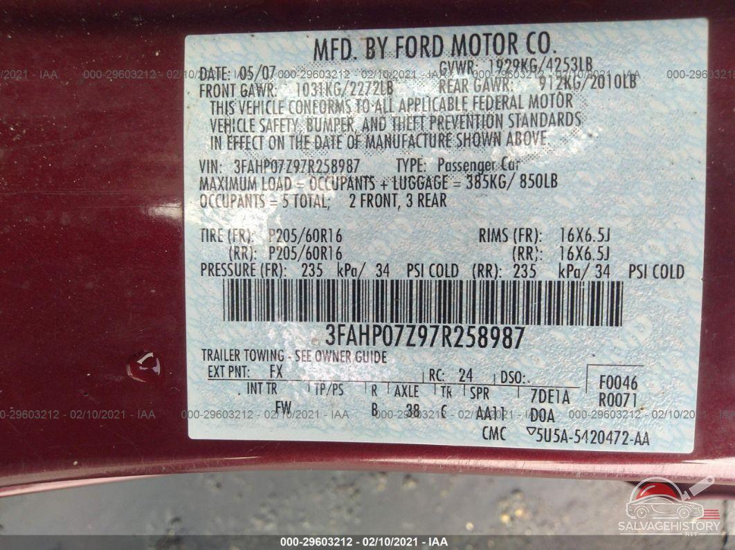 3FAHP07Z97R258987 2007 FORD FUSION photo no. 9