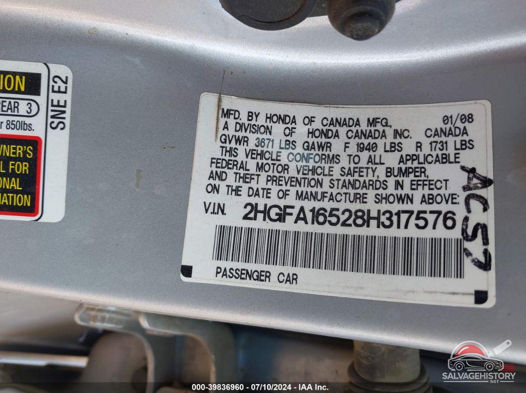 2HGFA16528H317576 2008 HONDA CIVIC photo no. 9