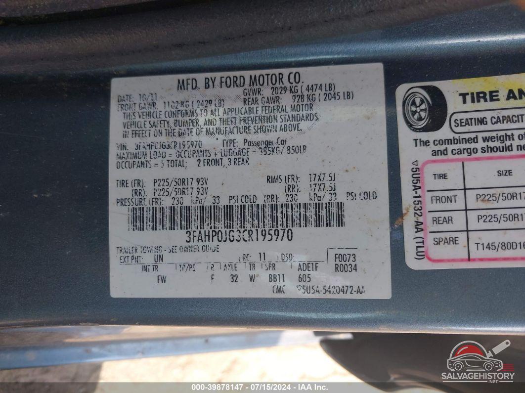 3FAHP0JG3CR195970 2012 FORD FUSION photo no. 9