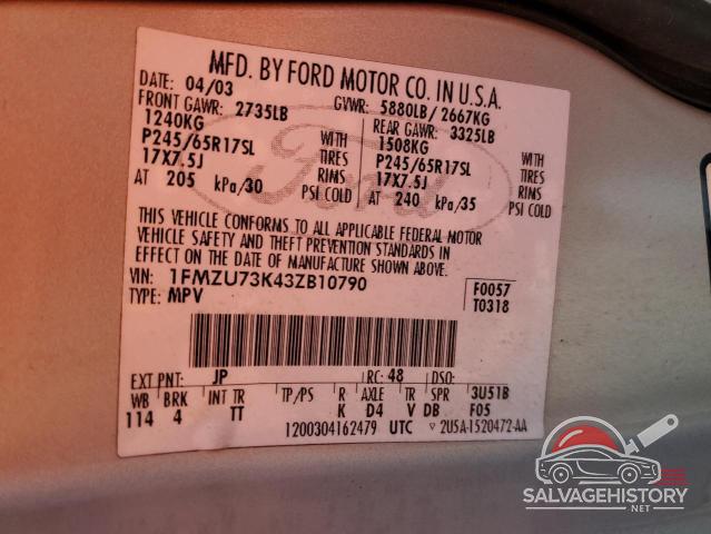 1FMZU73K43ZB10790 2003 FORD EXPLORER photo no. 12