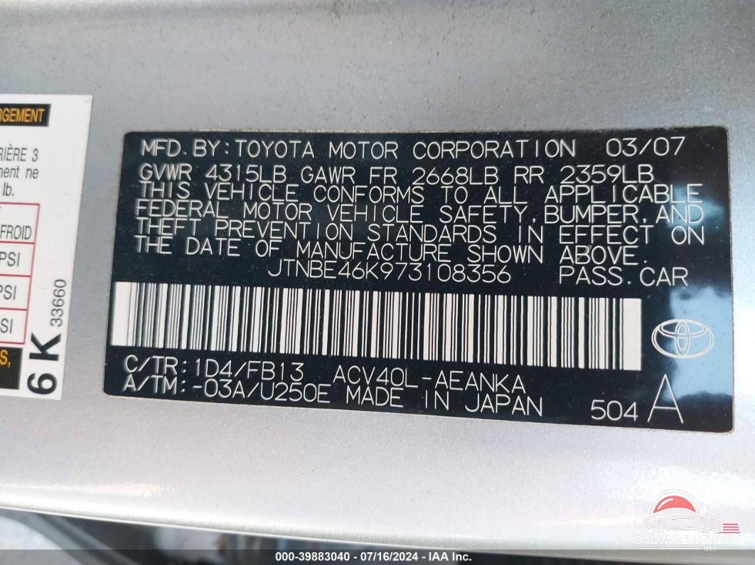 JTNBE46K973108356 2007 TOYOTA CAMRY photo no. 9