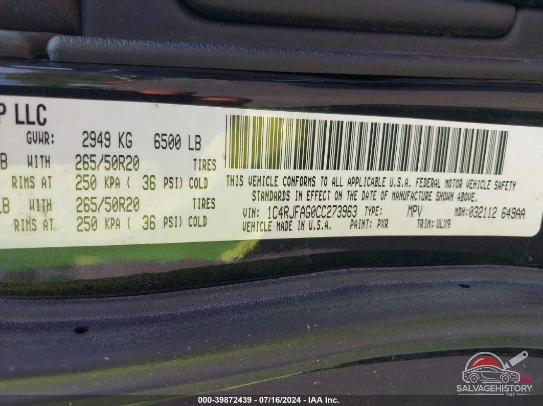 1C4RJFAG0CC273963 2012 JEEP GRAND CHEROKEE photo no. 9