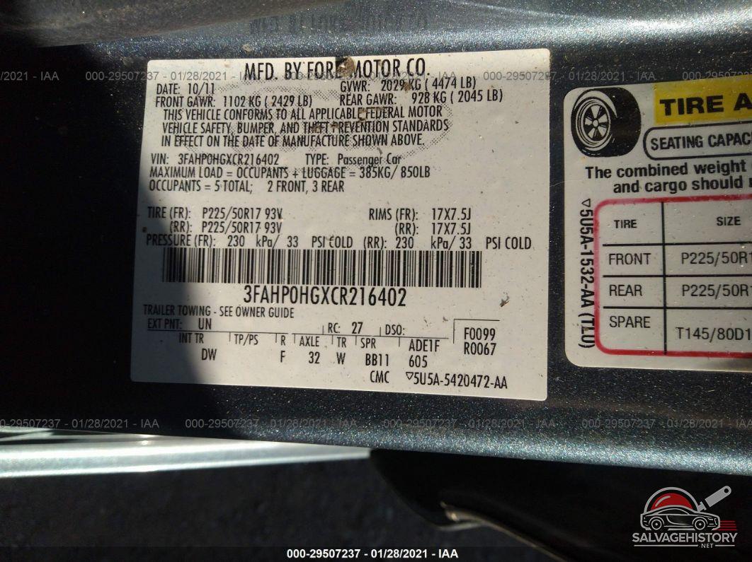 3FAHP0HGXCR216402 2012 FORD FUSION photo no. 9