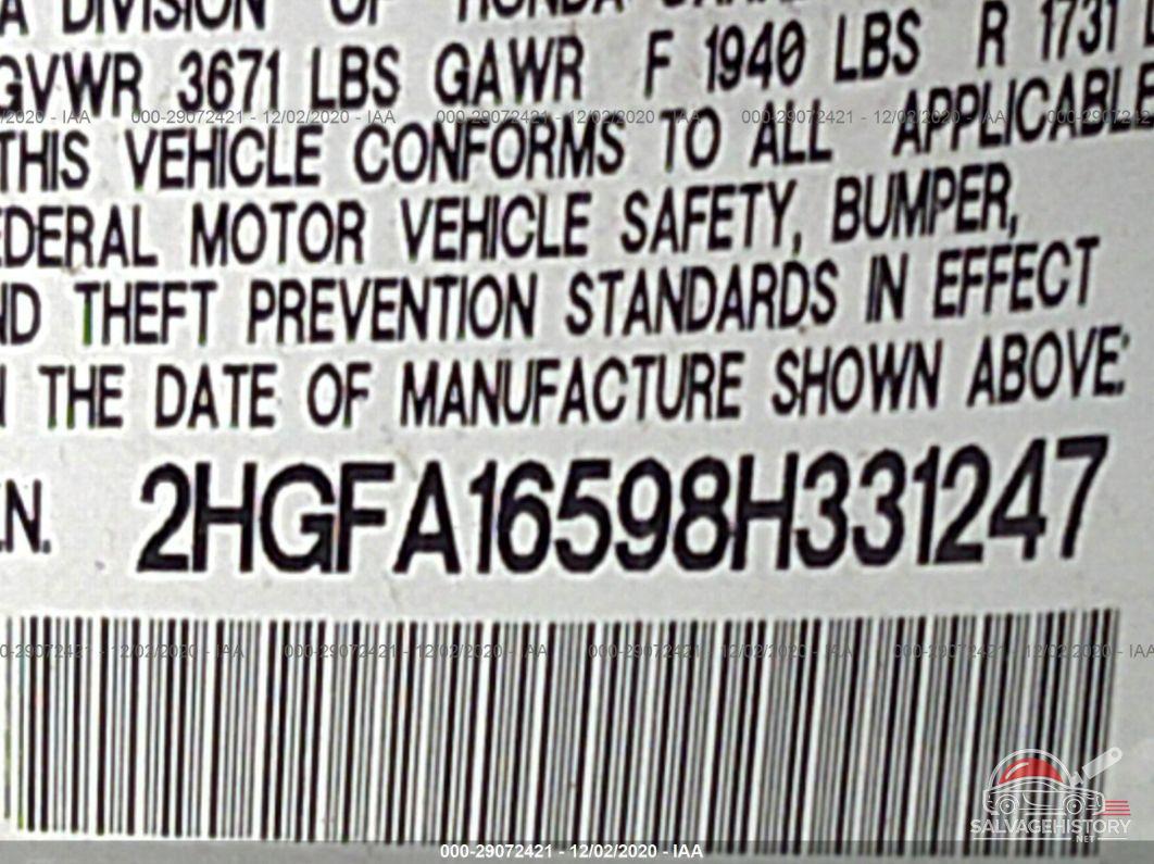 2HGFA16598H331247 2008 HONDA CIVIC SDN photo no. 9