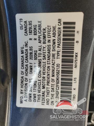 2HGFC2F60KH562120 2019 HONDA CIVIC photo no. 12