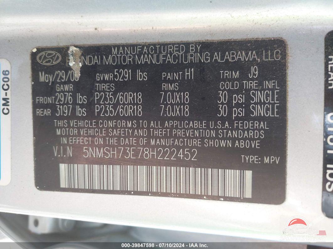 5NMSH73E78H222452 2008 HYUNDAI SANTA FE photo no. 9