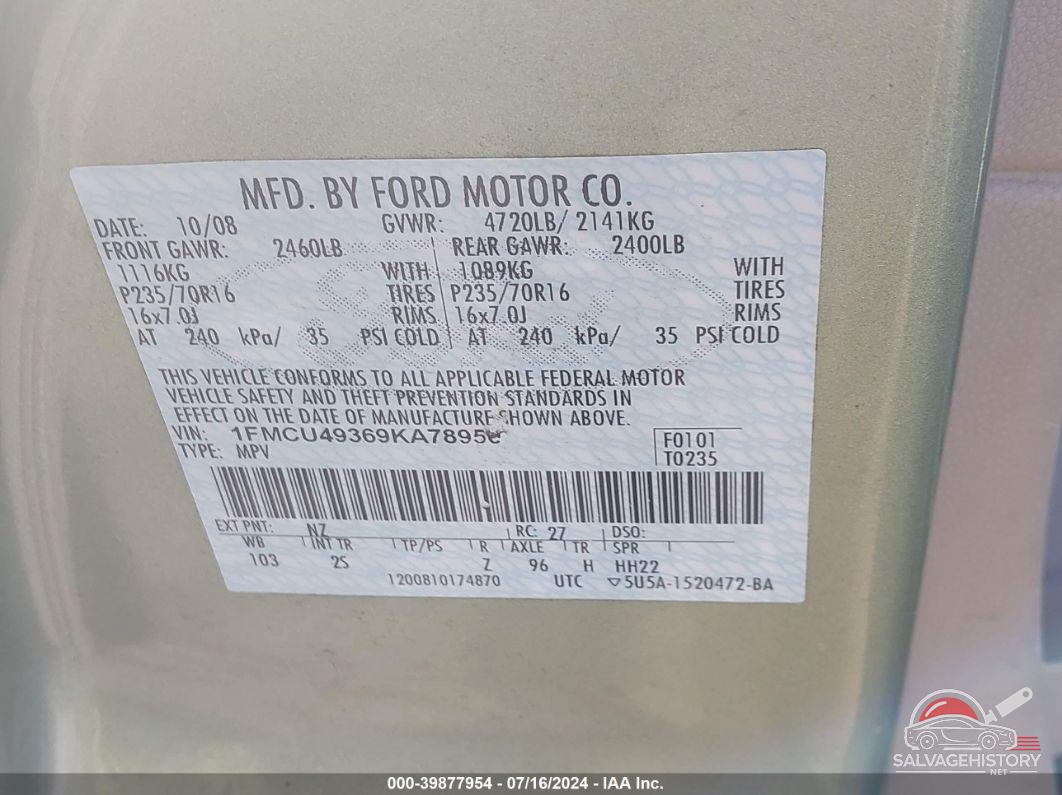 1FMCU49369KA78950 2009 FORD ESCAPE photo no. 9