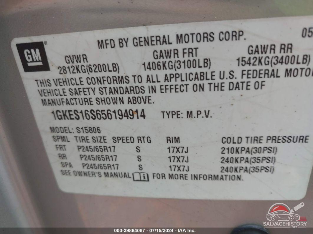 1GKES16S656194914 2005 GMC ENVOY XL photo no. 9