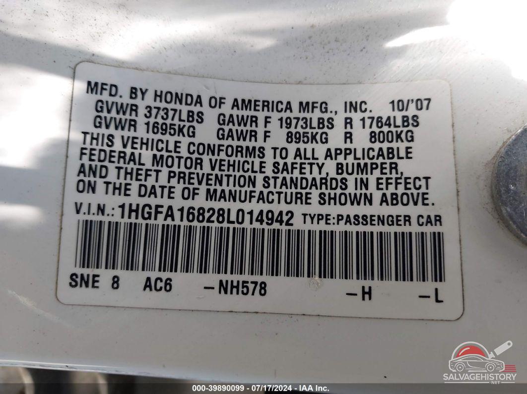 1HGFA16828L014942 2008 HONDA CIVIC photo no. 9