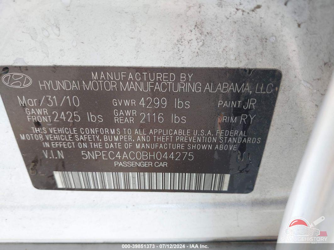 5NPEC4AC0BH044275 2011 HYUNDAI SONATA photo no. 9