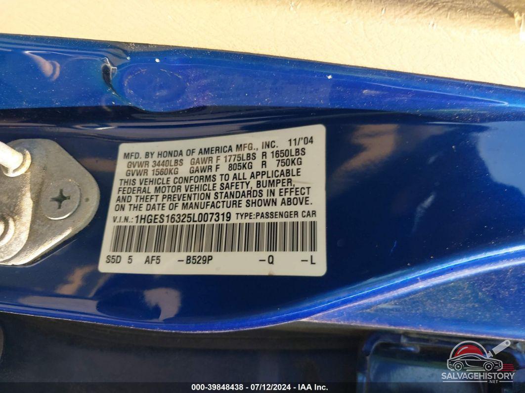 1HGES16325L007319 2005 HONDA CIVIC photo no. 9