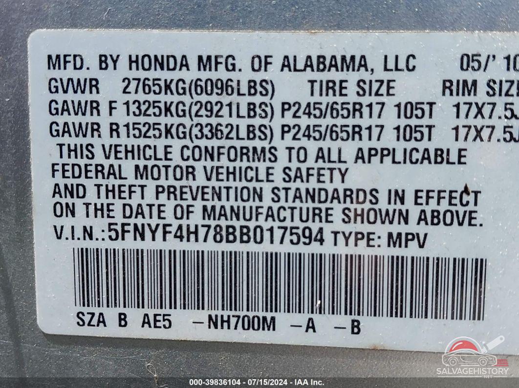 5FNYF4H78BB017594 2011 HONDA PILOT photo no. 9