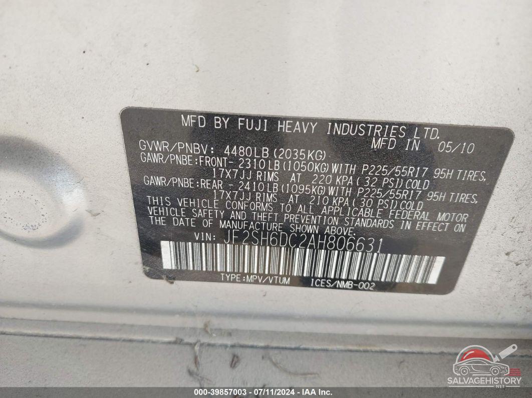 JF2SH6DC2AH806631 2010 SUBARU FORESTER photo no. 9
