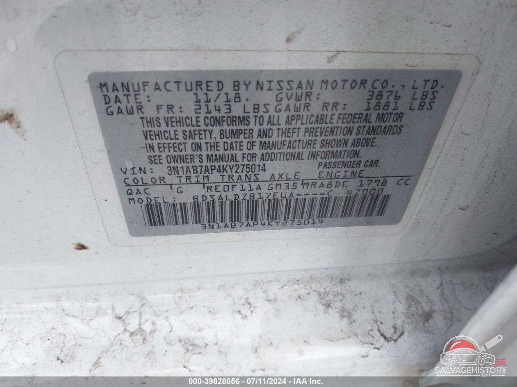 3N1AB7AP4KY275014 2019 NISSAN SENTRA photo no. 9
