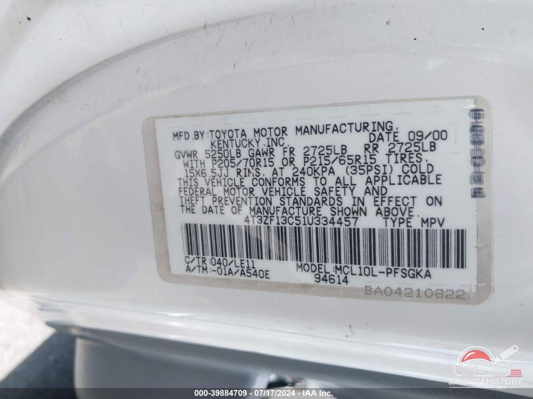 4T3ZF13C51U334457 2001 TOYOTA SIENNA photo no. 9