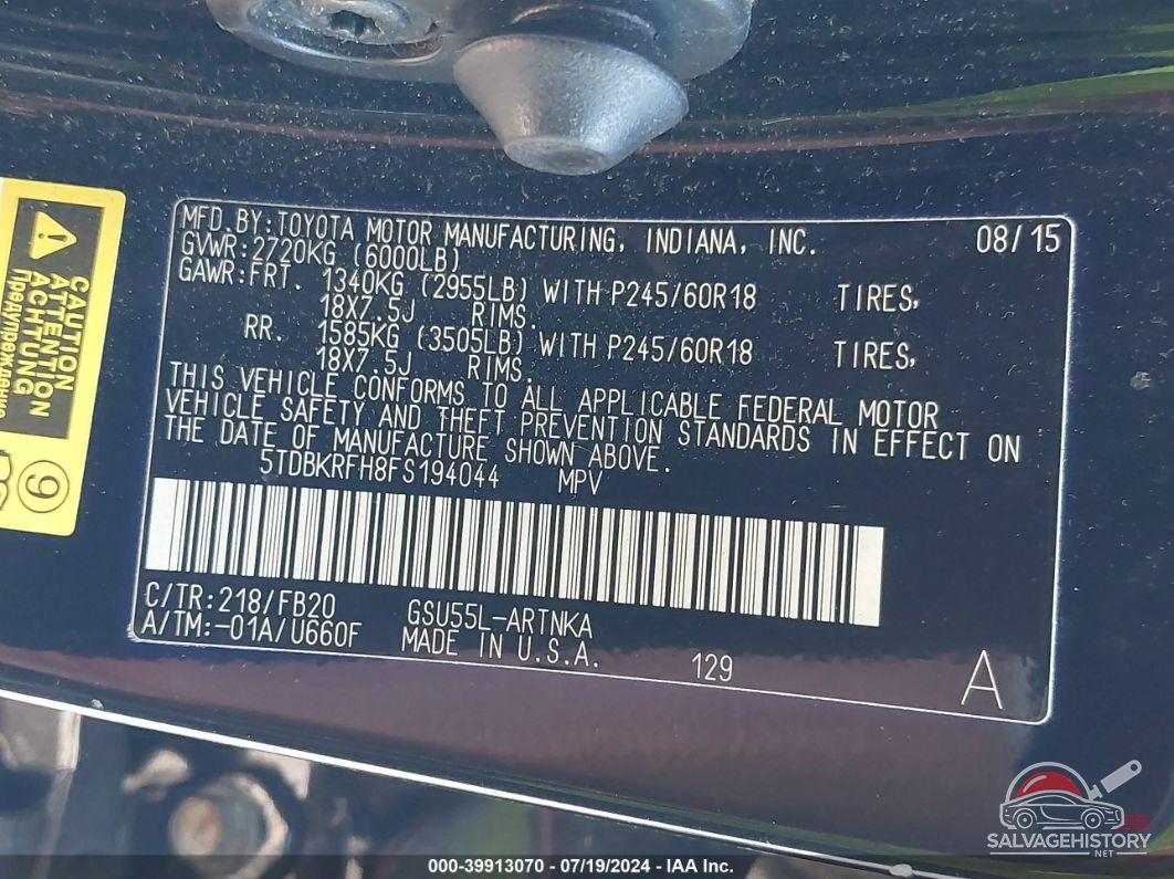 5TDBKRFH8FS194044 2015 TOYOTA HIGHLANDER photo no. 9