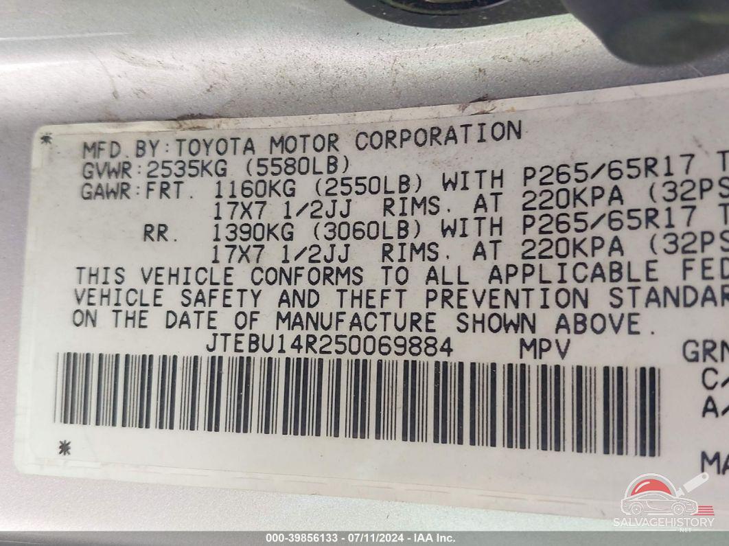 JTEBU14R250069884 2005 TOYOTA 4RUNNER photo no. 9
