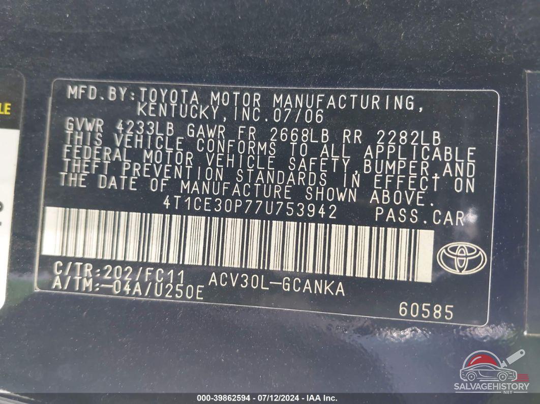 4T1CE30P77U753942 2007 TOYOTA CAMRY SOLARA photo no. 9