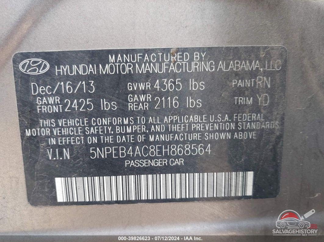 5NPEB4AC8EH868564 2014 HYUN SONATA GLS AUTOMATIC photo no. 9