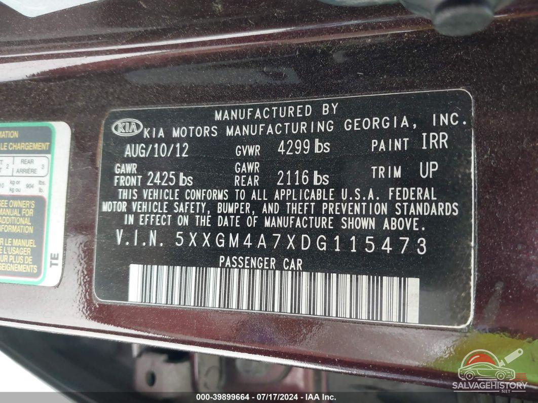 5XXGM4A7XDG115473 2013 KIA OPTIMA photo no. 9