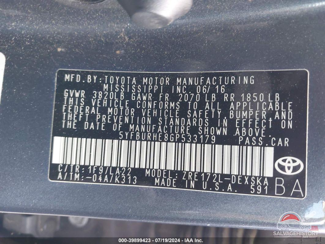 5YFBURHE8GP533179 2016 TOYOTA COROLLA photo no. 9