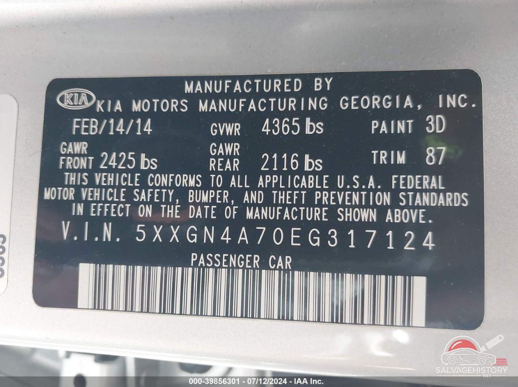 5XXGN4A70EG317124 2014 KIA OPTIMA photo no. 9