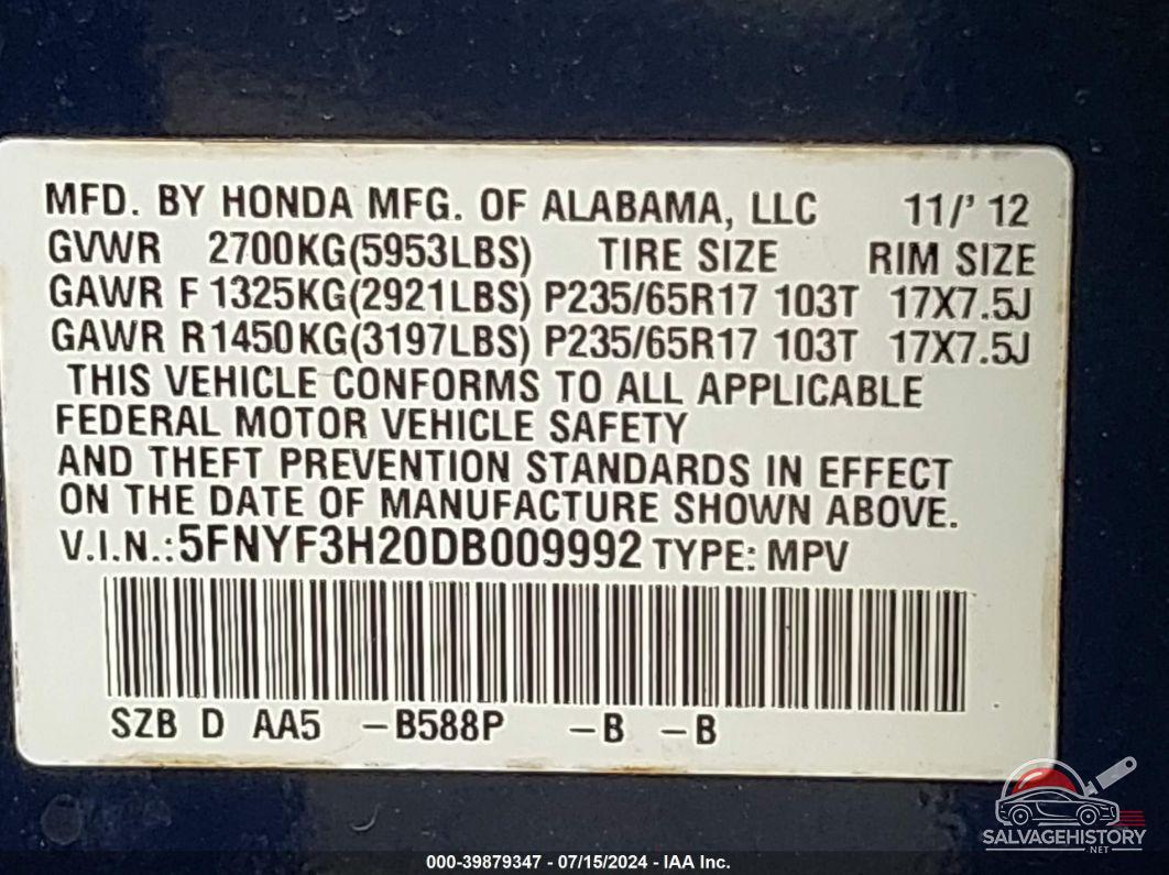 5FNYF3H20DB009992 2013 HONDA PILOT photo no. 9
