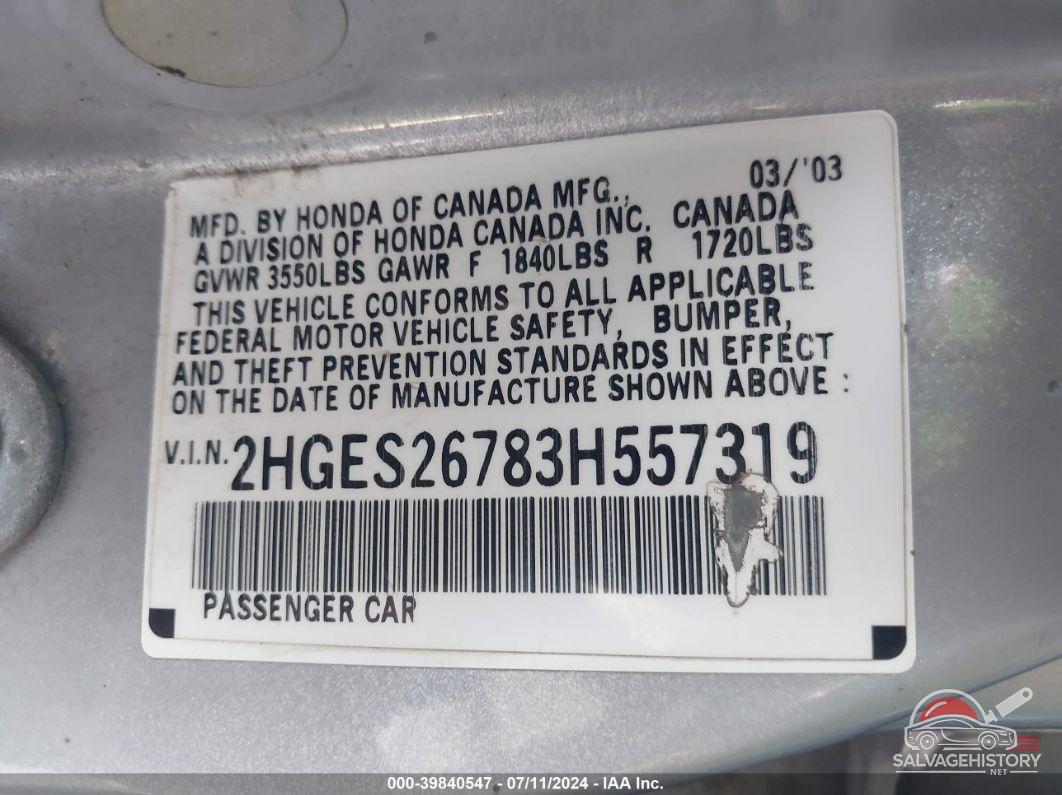 2HGES26783H557319 2003 HONDA CIVIC photo no. 9