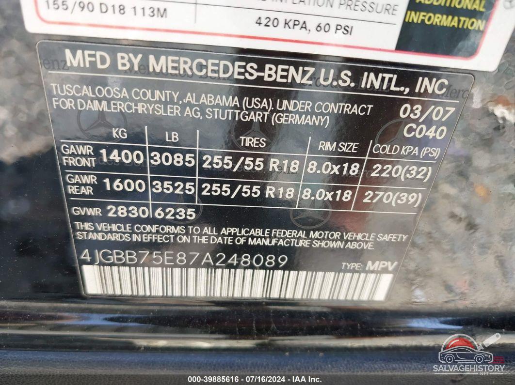 4JGBB75E87A248089 2007 MERCEDES-BENZ ML 500 photo no. 9