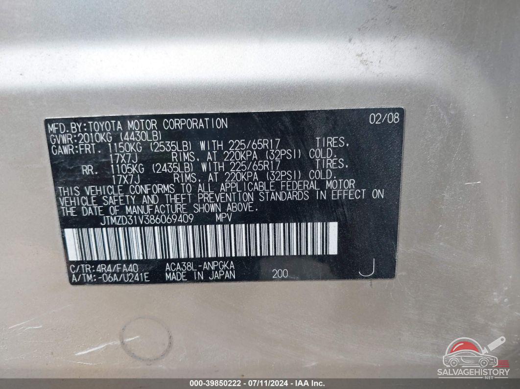 JTMZD31V386069409 2008 TOYOTA RAV4 photo no. 9