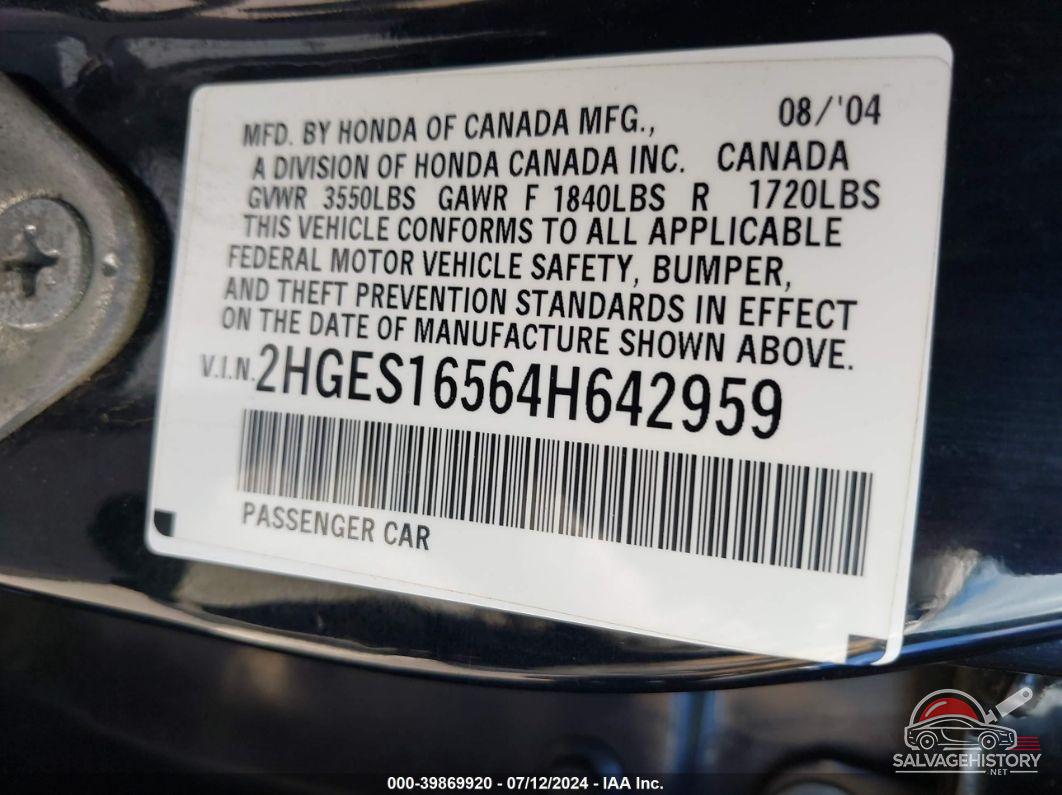 2HGES16564H642959 2004 HONDA CIVIC photo no. 8