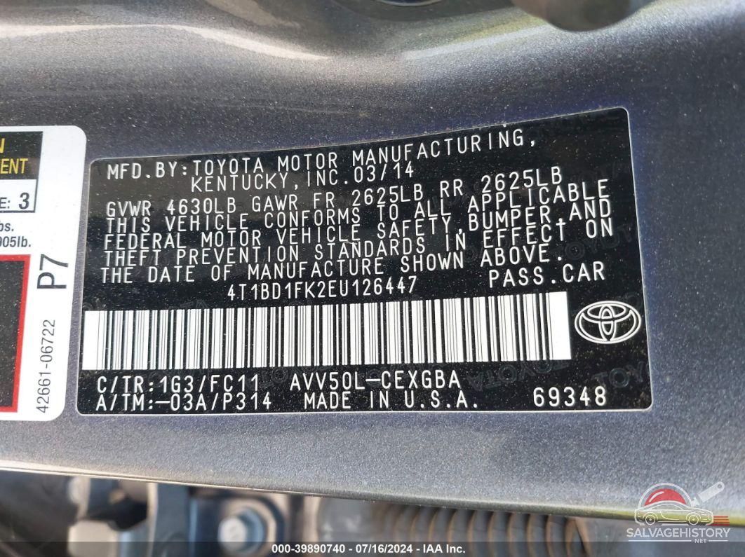 4T1BD1FK2EU126447 2014 TOYOTA CAMRY HYBRID photo no. 9