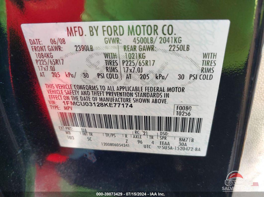 1FMCU03128KE77174 2008 FORD ESCAPE photo no. 9