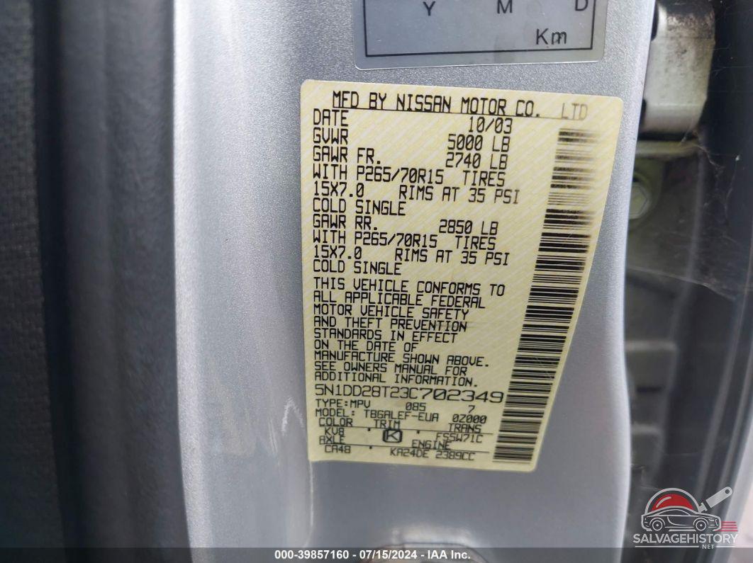 5N1DD28T23C702349 2003 NISSAN XTERRA photo no. 9