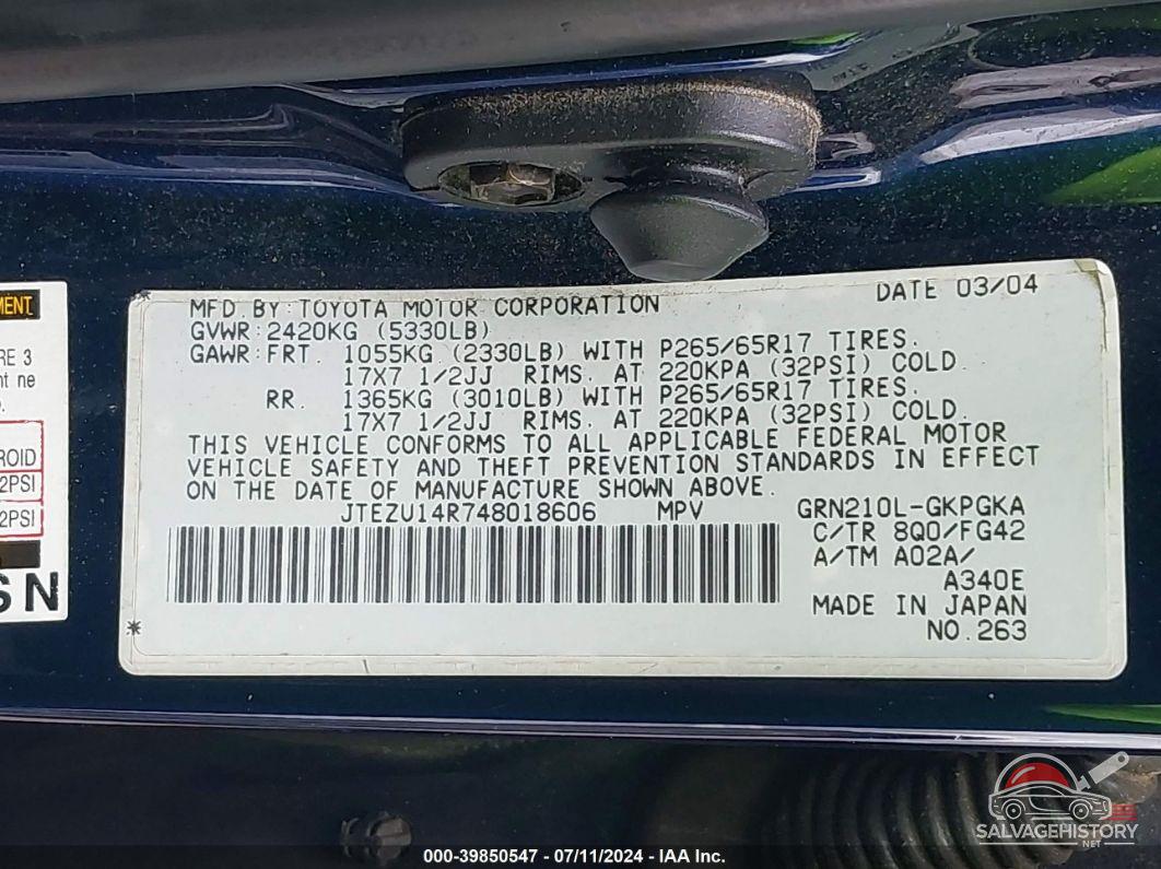 JTEZU14R748018606 2004 TOYOTA 4RUNNER photo no. 9