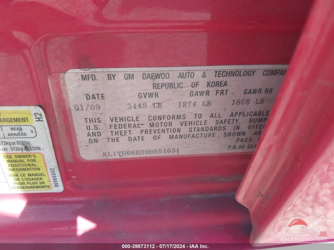 KL1TD66E09B651631 2009 CHEVROLET AVEO photo no. 9
