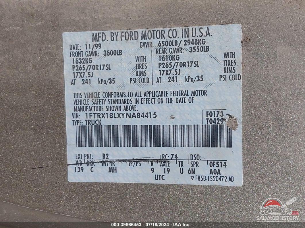 1FTRX18LXYNA84415 2000 FORD F-150 photo no. 9