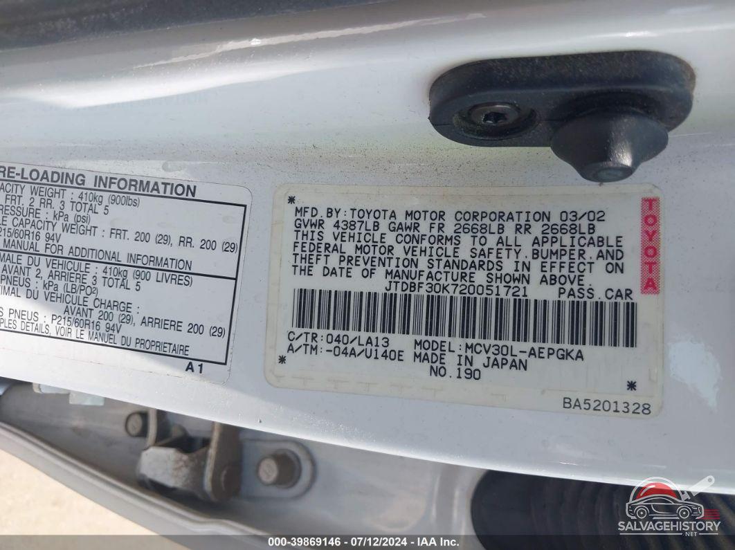 JTDBF30K720051721 2002 TOYOTA CAMRY photo no. 9