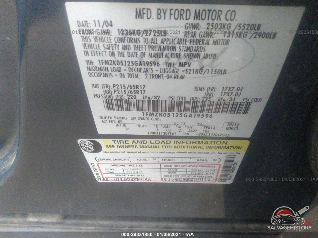 1FMZK05125GA19596 2005 FORD FREESTYLE photo no. 9