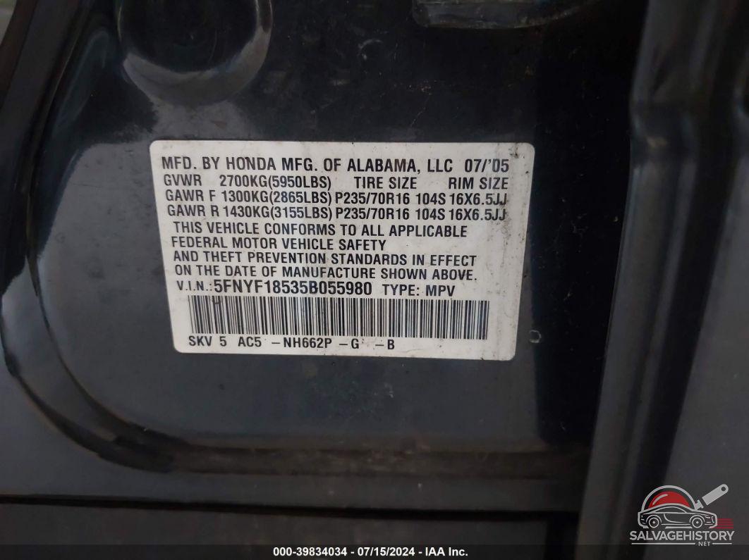 5FNYF18535B055980 2005 HONDA PILOT photo no. 9