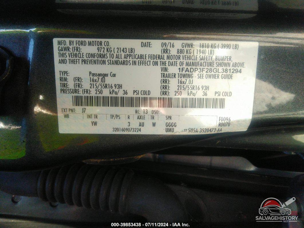 1FADP3F28GL381294 2016 FORD FOCUS photo no. 9