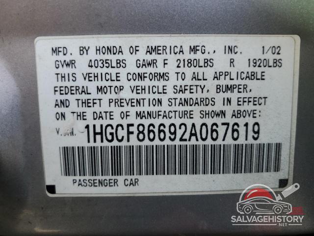 1HGCF86692A067619 2002 HONDA ACCORD photo no. 12