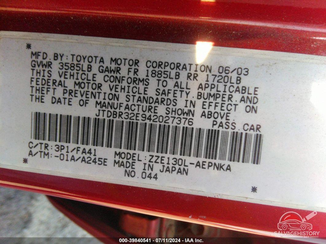 JTDBR32E942027376 2004 TOYOTA COROLLA photo no. 8