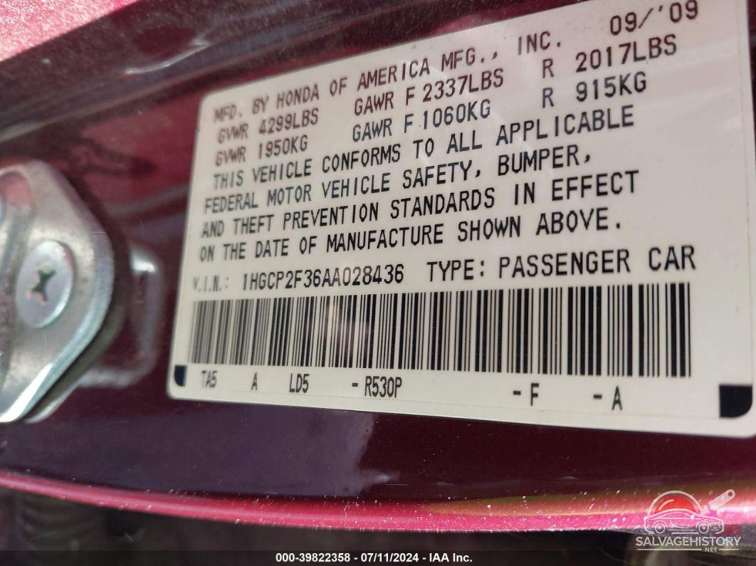 1HGCP2F36AA028436 2010 HONDA ACCORD photo no. 9