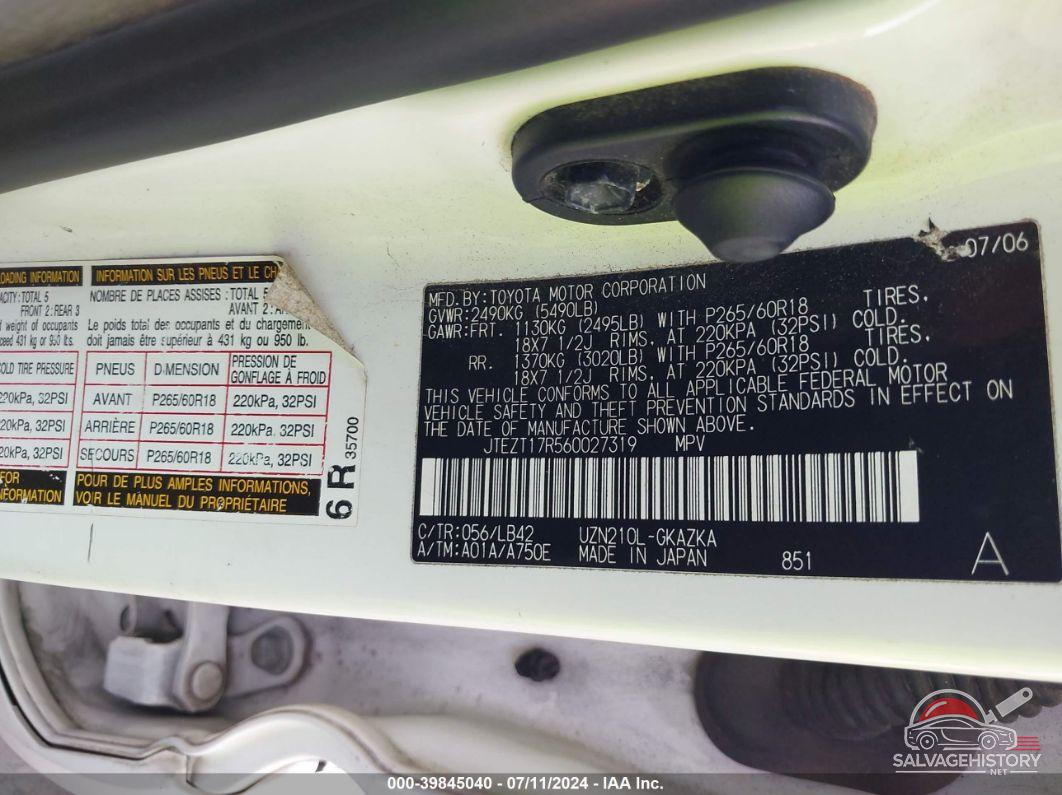 JTEZT17R560027319 2006 TOYOTA 4RUNNER photo no. 9